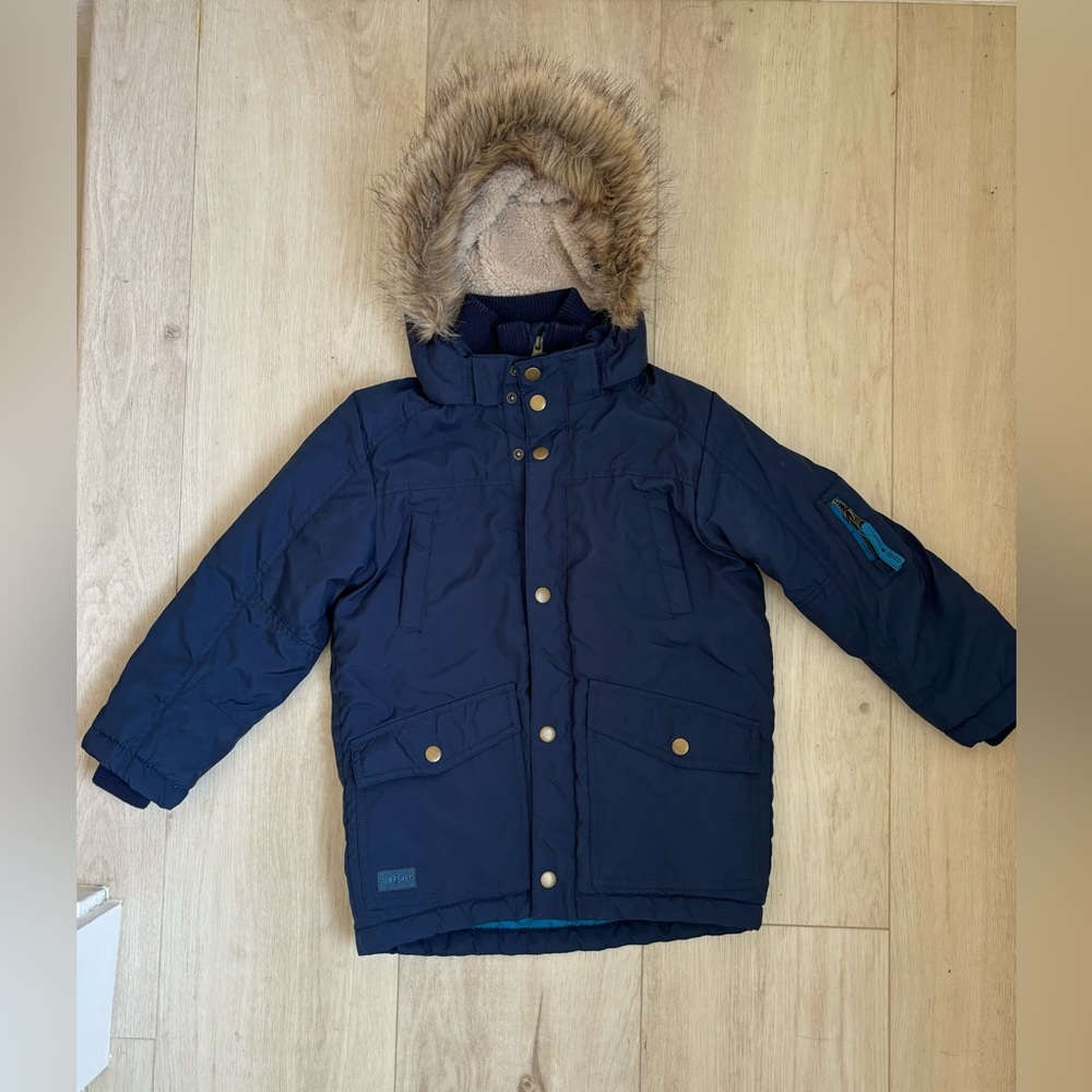 H&M sateen finish Navy Youth 6-7 unisex winter parka w/ removable hood faux fur